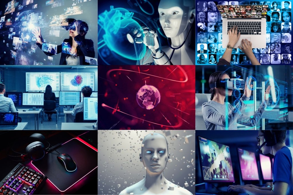Modern technology trends including AI, cloud computing, cybersecurity, and robotics